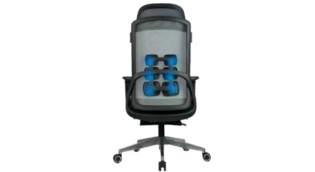 <img src="Office-chair.png" alt="獨特設計六脊椎腰靠部分提供額外的支撐減少腰部壓力,讓使用者在後仰時仍能獲得良好的支撐">